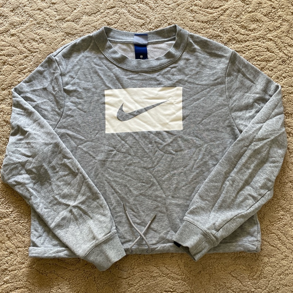 Gray and white cropped Nike crewneck sweatshirt with drawstring waist